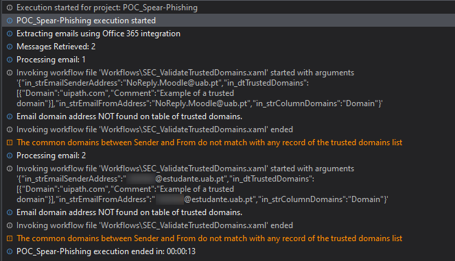 logs of execution with secure code - domain check failed