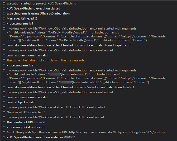 logs of execution with secure code - domain check passed